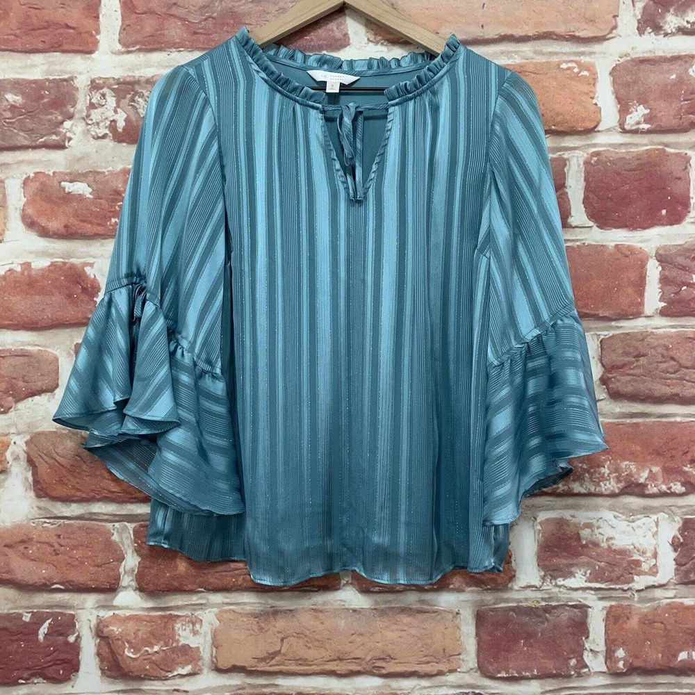 LC Lauren Conrad Top S Blue Striped Metallic Casual Career Wide Sleeve Shirt